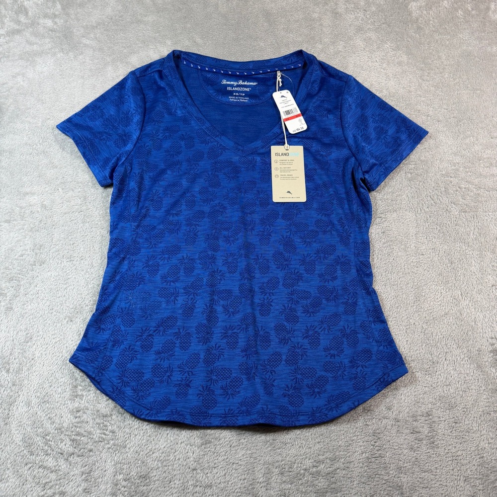 Tommy Bahama IslandZone Palm Coast Pineapple‎ Shirt Women XS Blue V-Neck NWT
